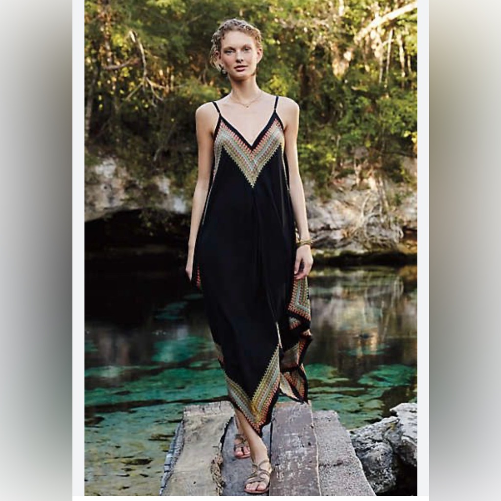 Anthropologie Black Silk Maxi Dress With Colorful Trim
